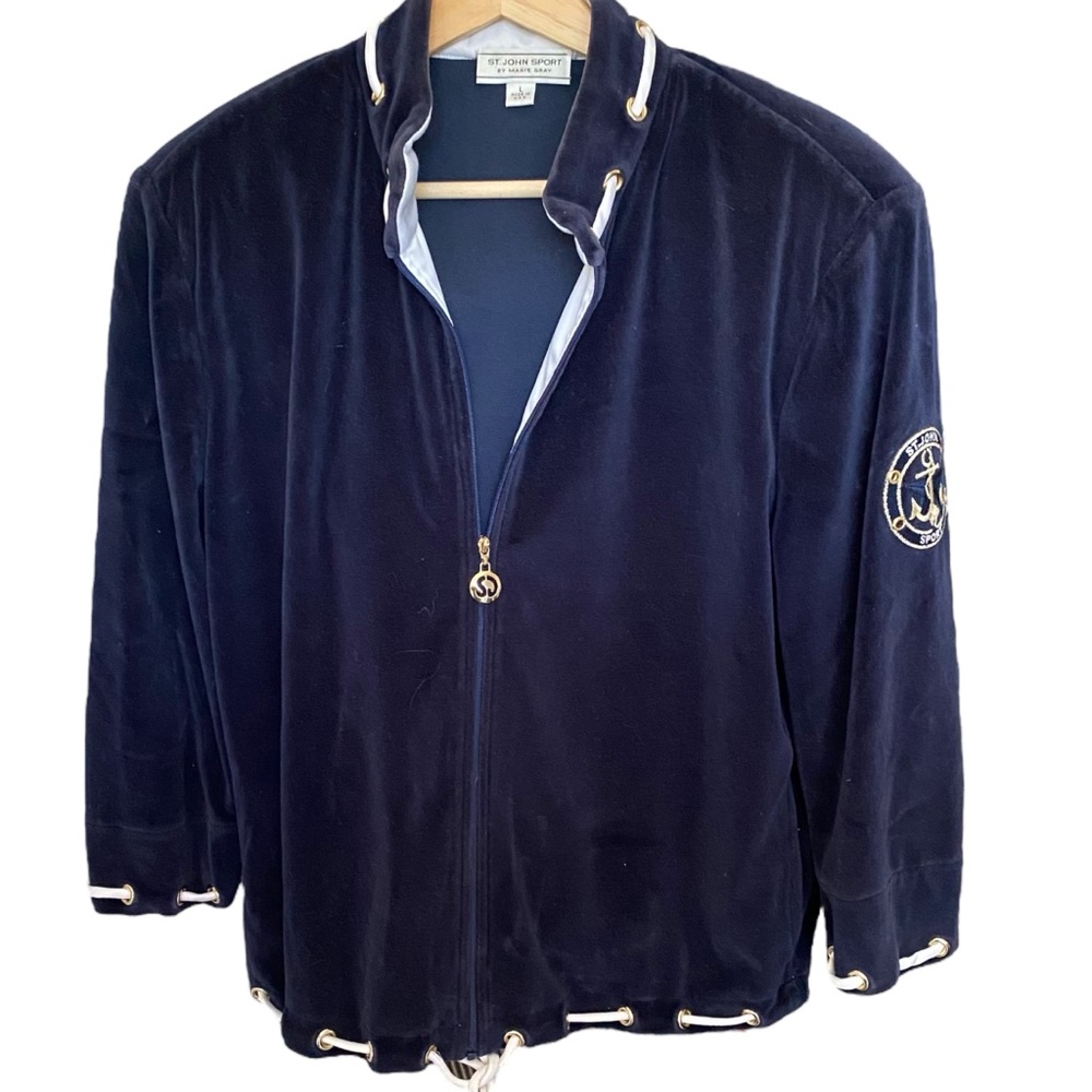Vintage St. John Sport Sail Nautical Velour Navy Blue Zip Up Jacket Womens 12